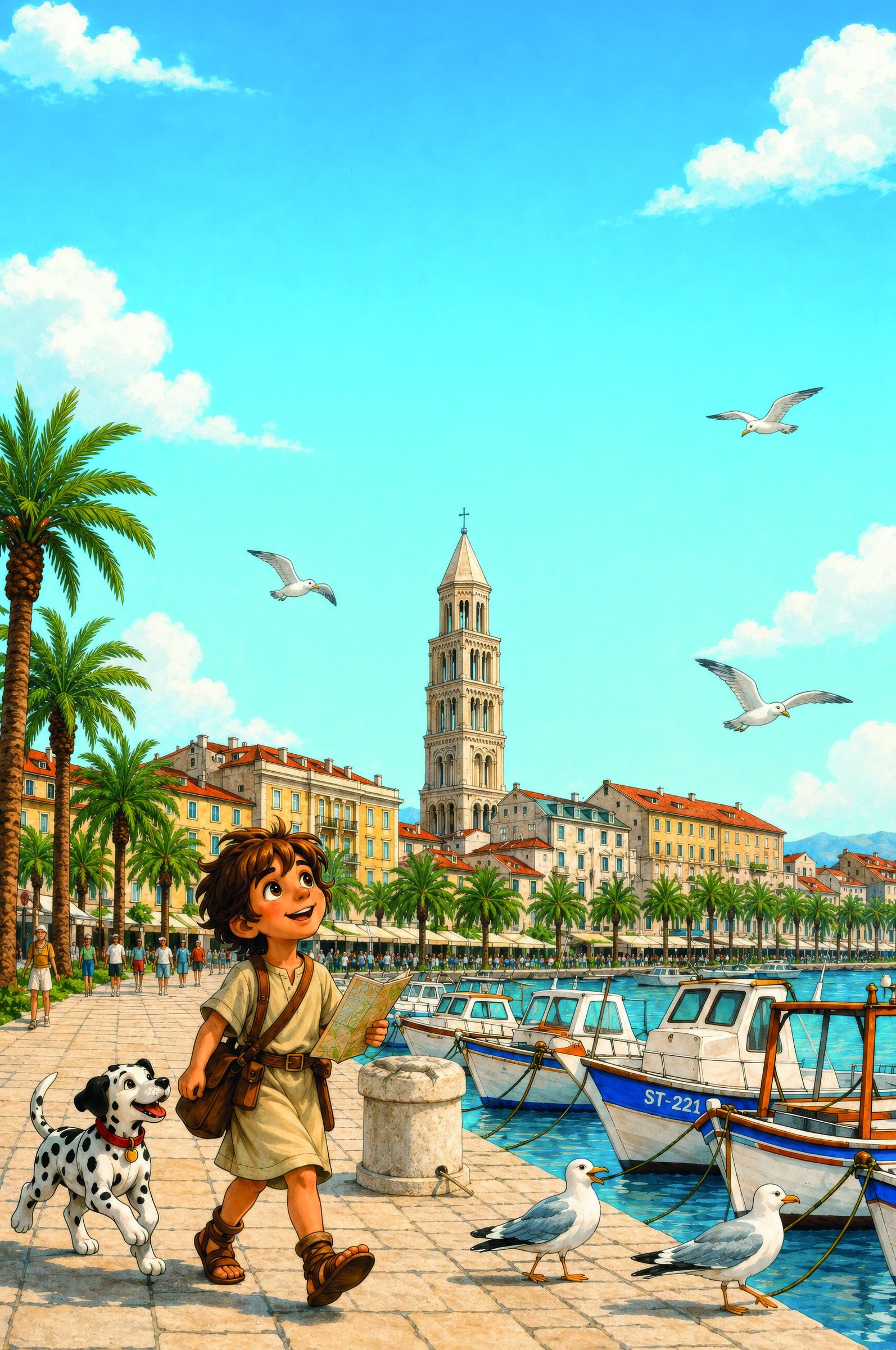 Color Split with Duje — book cover: Duje and his dalmatian on the Riva in Split