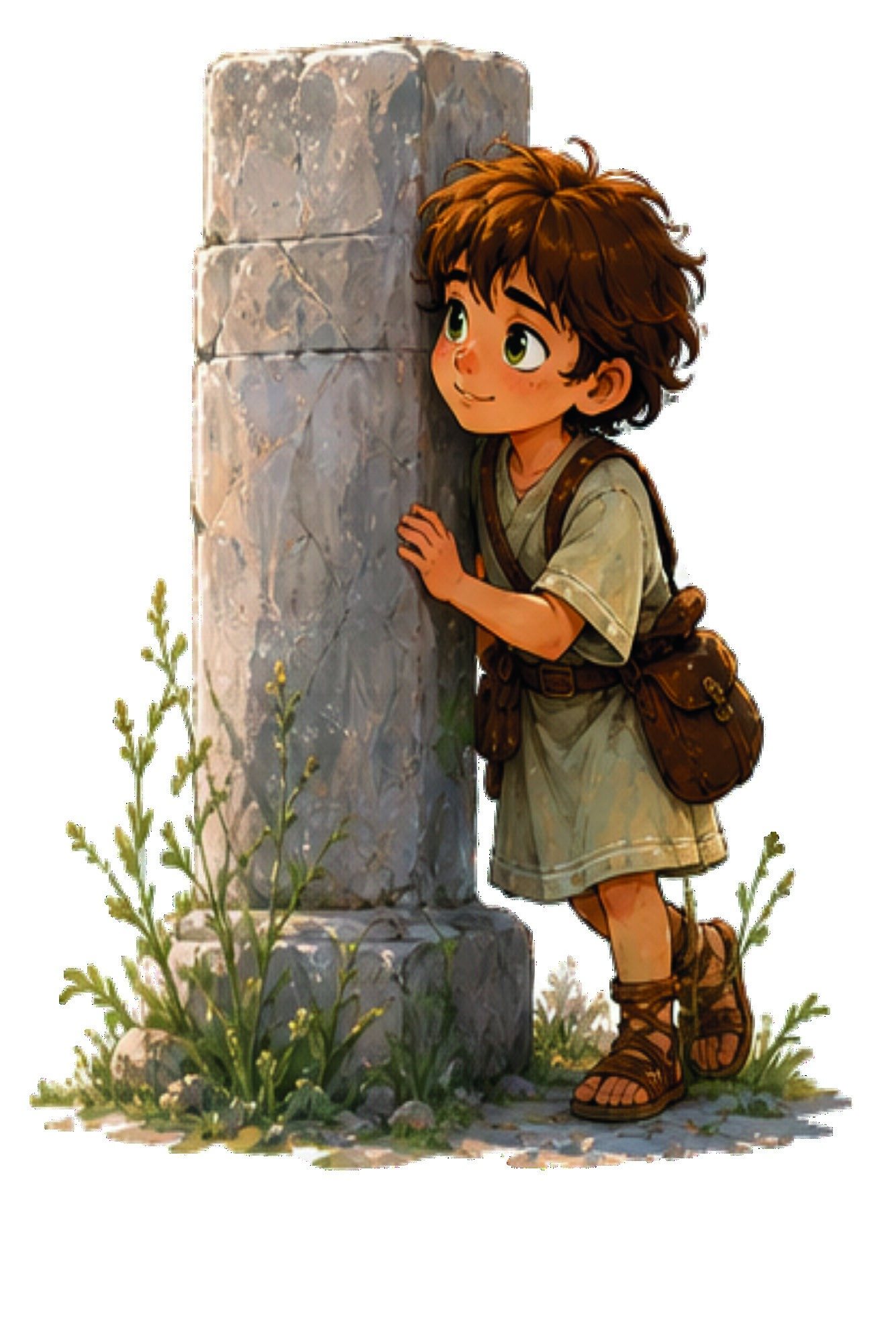 Duje, the young explorer, resting a hand on a Roman column