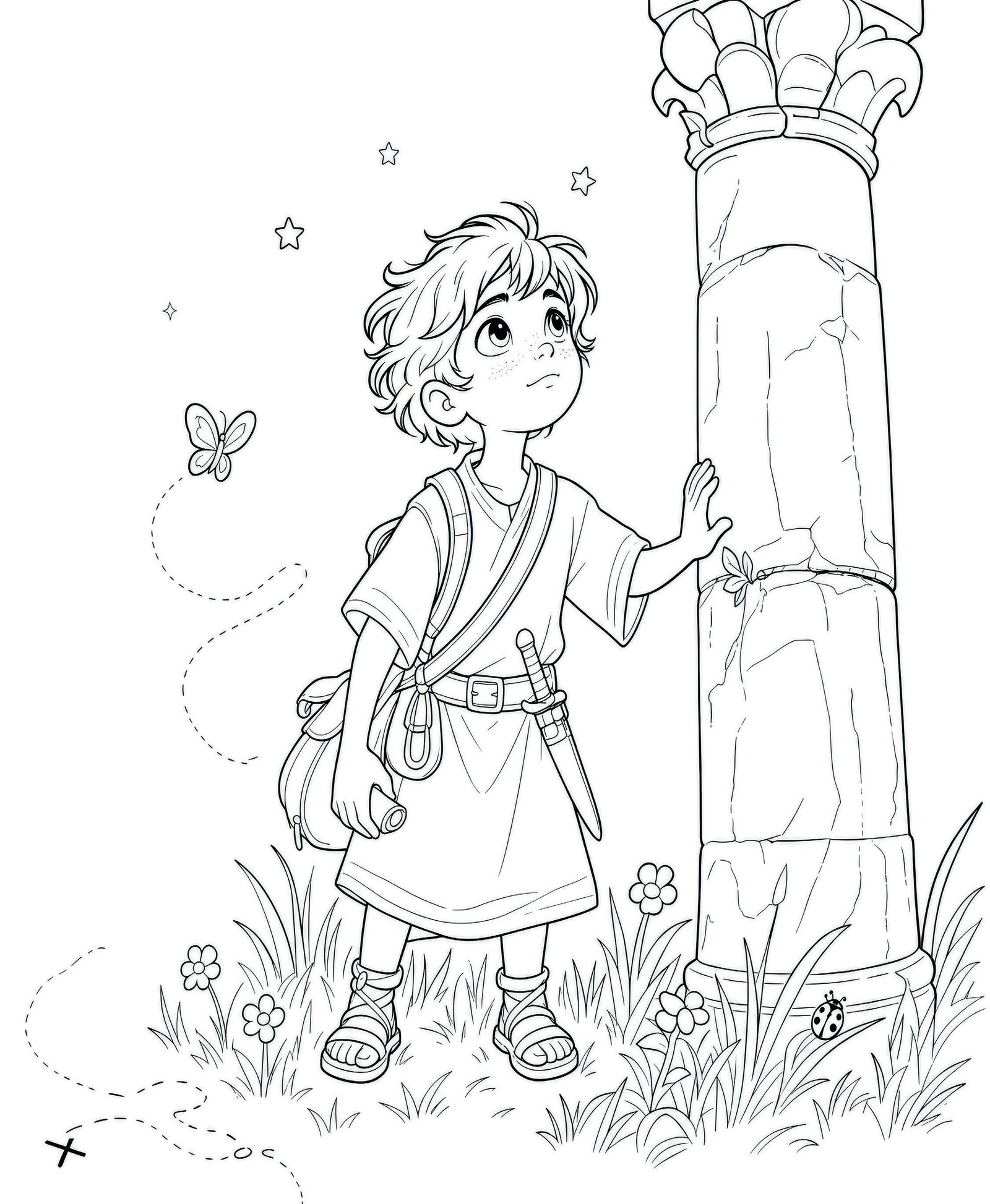 Coloring page: Duje beside a Roman column, in black line art