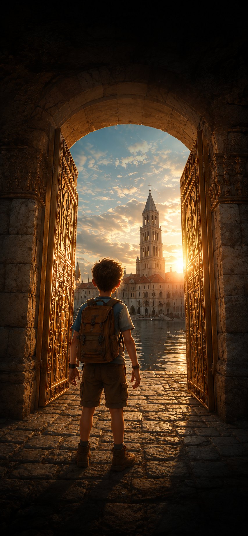 A young explorer with a backpack stands at open golden gates, looking out over Split's harbour toward the cathedral bell tower at sunset.