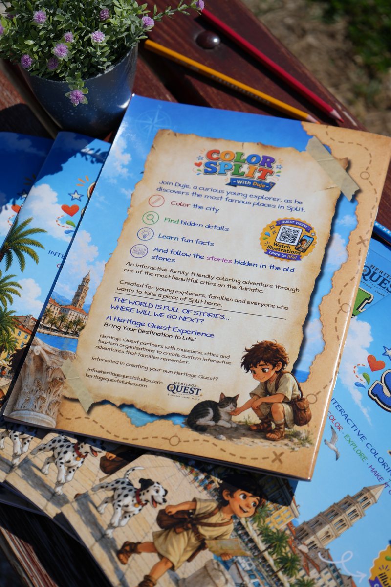The back cover of Color Split with Duje, introducing Duje and the adventure on a parchment-style panel, lying on copies of the front cover.