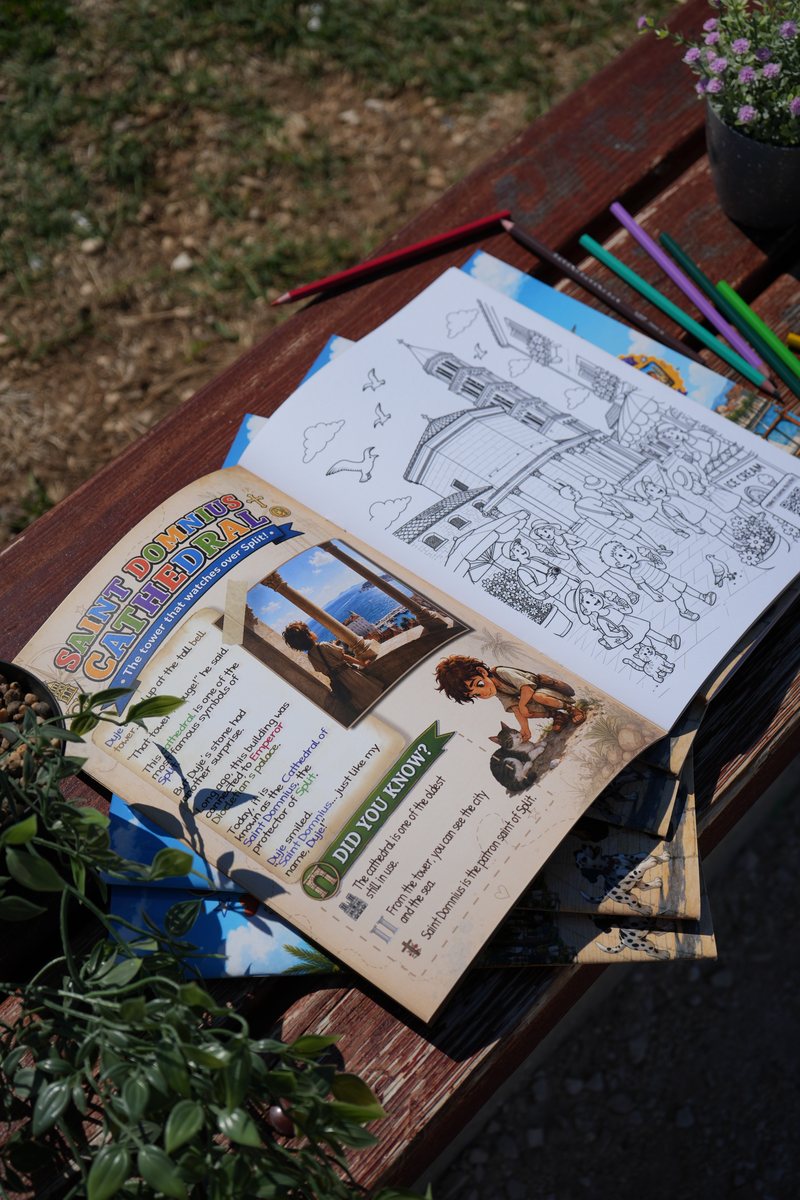 The Saint Domnius Cathedral spread: Duje's story beneath the heading 'The tower that watches over Split!', a 'Did you know?' panel and the facing coloring page.