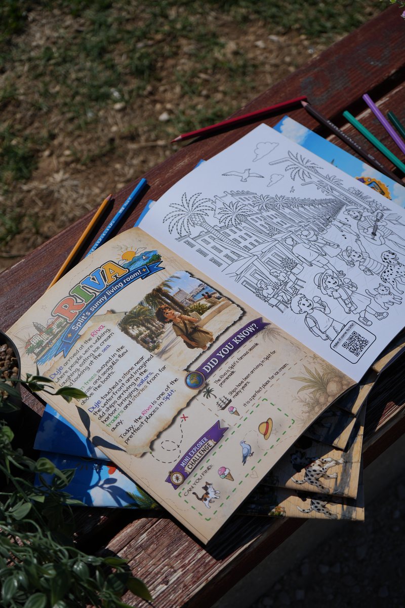 The Riva spread, with Duje's story, a 'Did you know?' panel, a mini explorer challenge and a coloring page carrying a printed 'Make it come to life!' QR code.
