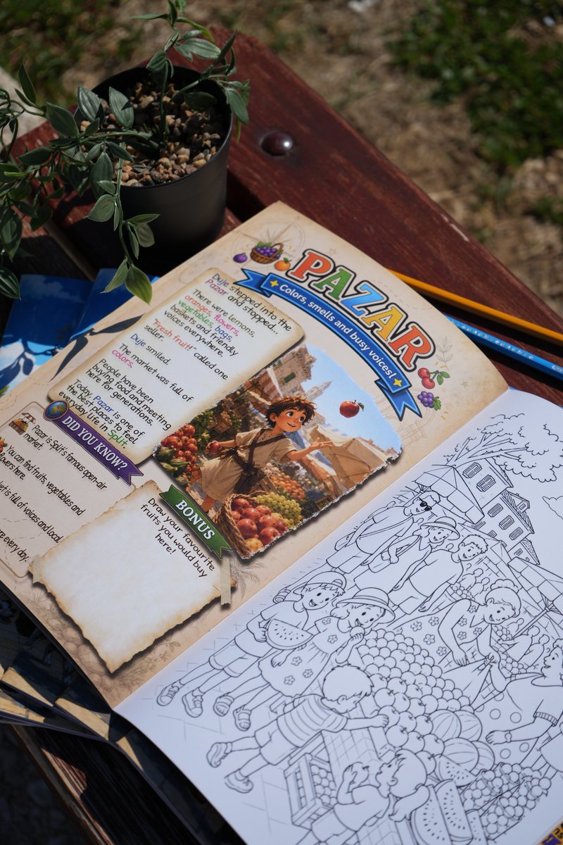 The Pazar spread, headed 'colors, smells and busy voices', with Duje at the market, a 'Did you know?' panel, a bonus challenge and the facing coloring page.
