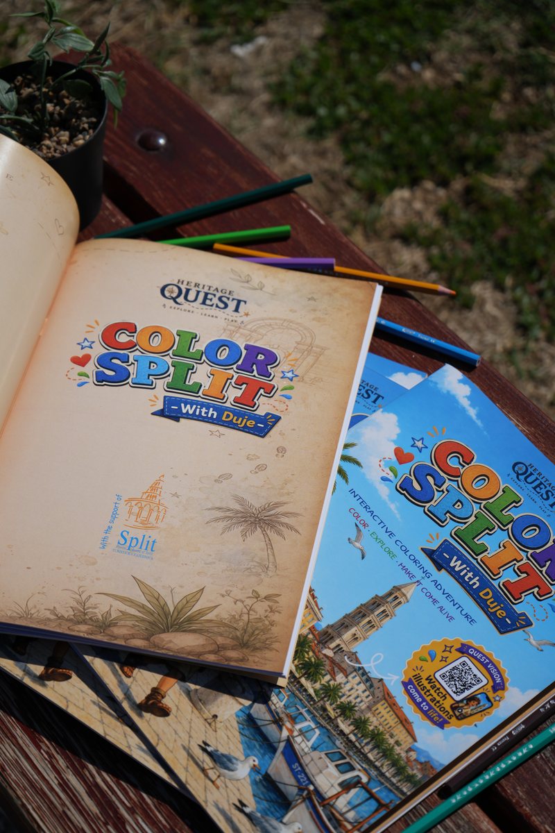 The title page of Color Split with Duje, with the Heritage Quest and Color Split marks and the Tourist Board of Split support credit, resting on copies of the cover.